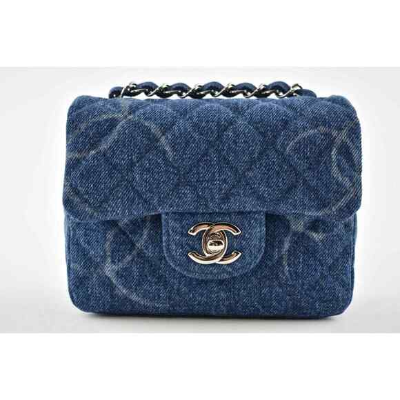 Chanel 20B Blue Denim Mini Square CC Logo Quilted Silver Chain Crossbody Bag - Picture 3 of 12